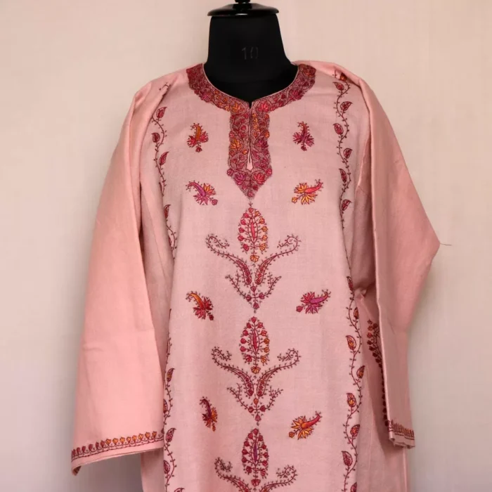 Hania Light Pink Pheran - Pure Wool With Kashmiri Sozni Needle Work