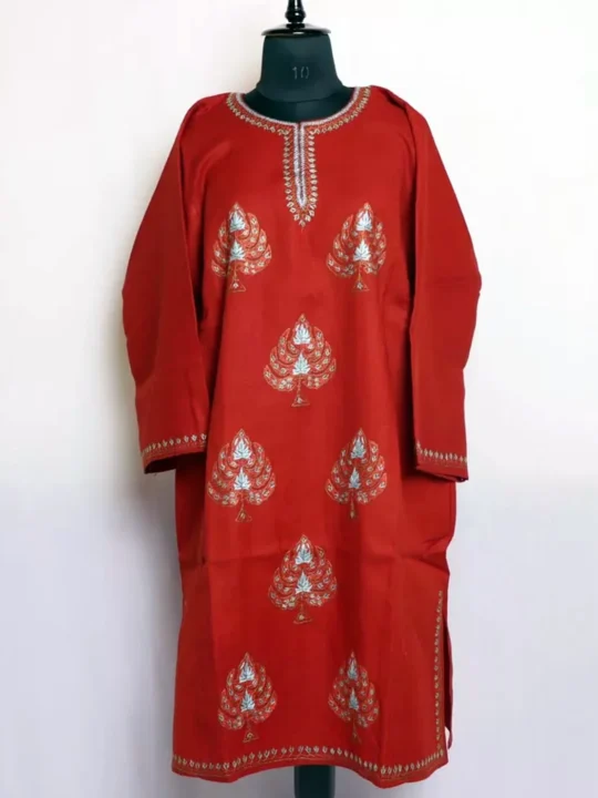 Rust Kashmiri Pheran in Pure Wool with Chinari Sozni Handwork