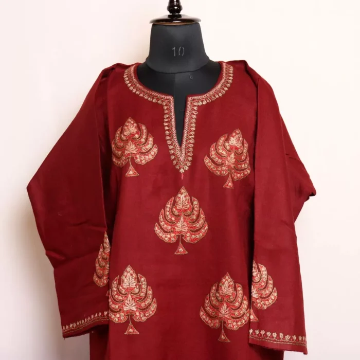 Shahi Maroon Kashmiri Pheran in Pure Wool with Chinari Sozni Handwork (W48)