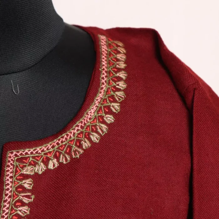 Shahi Maroon Kashmiri Pheran in Pure Wool with Chinari Sozni Handwork (W48) - Image 3