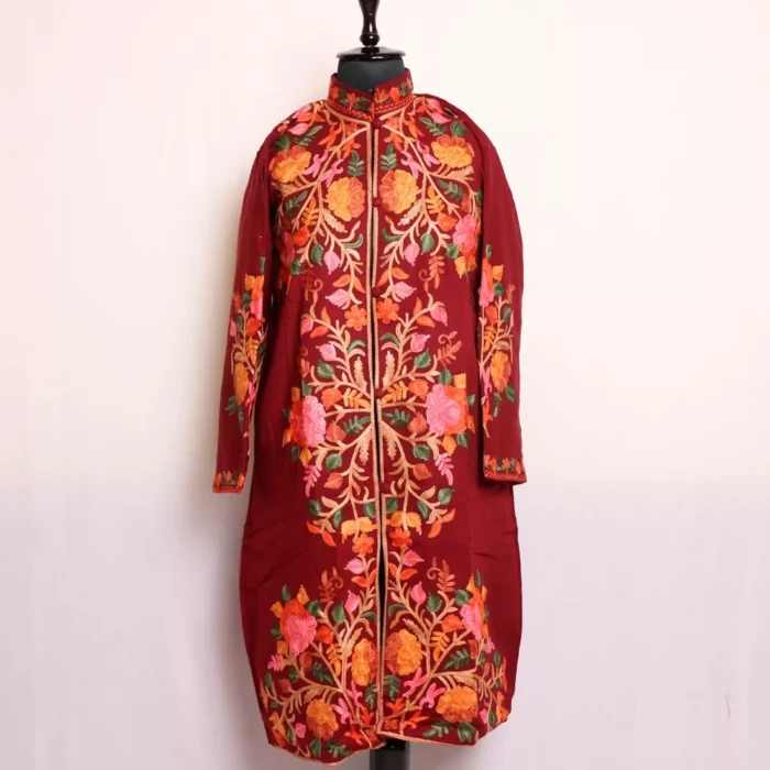 Maroon Aari Cashmilon Tulip Coat - Omar Collection