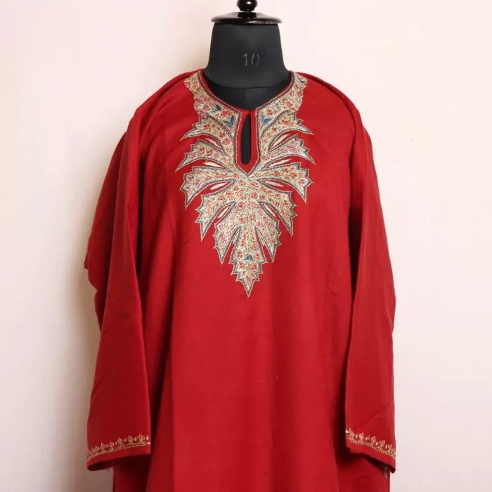 Chinari Maroon Sozni Handwork Pheran for Women | Pure Wool Thread Work Phiran