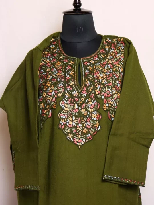 Daisy Mehndi Green Kashmiri Pheran in Pure Wool with Sozni Handwork