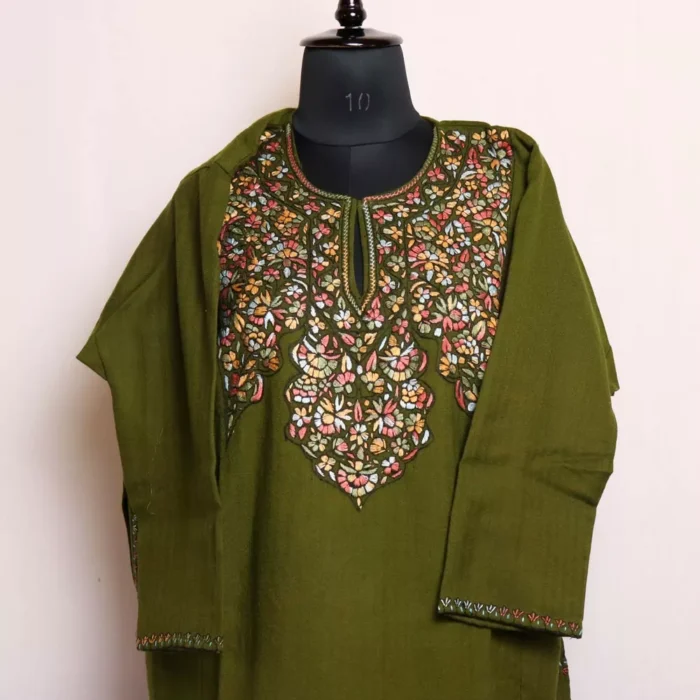 Daisy Mehndi Green Kashmiri Pheran in Pure Wool with Sozni Handwork