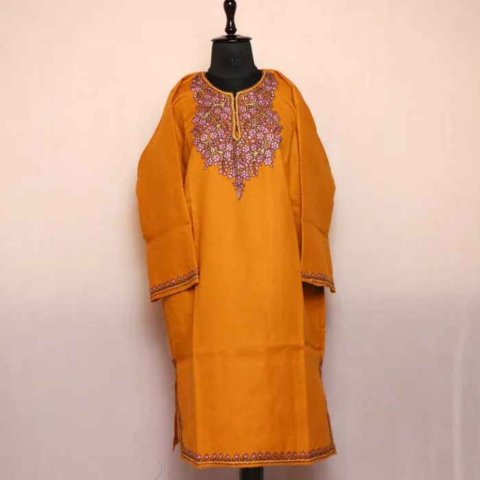 Mustard Paper Mache Sozni Pheran for Women | Latest Pure Wool Phiran - Image 2