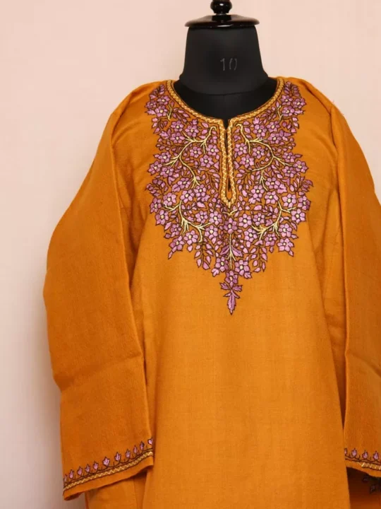Mustard Paper Mache Sozni Pheran for Women | Latest Pure Wool Phiran