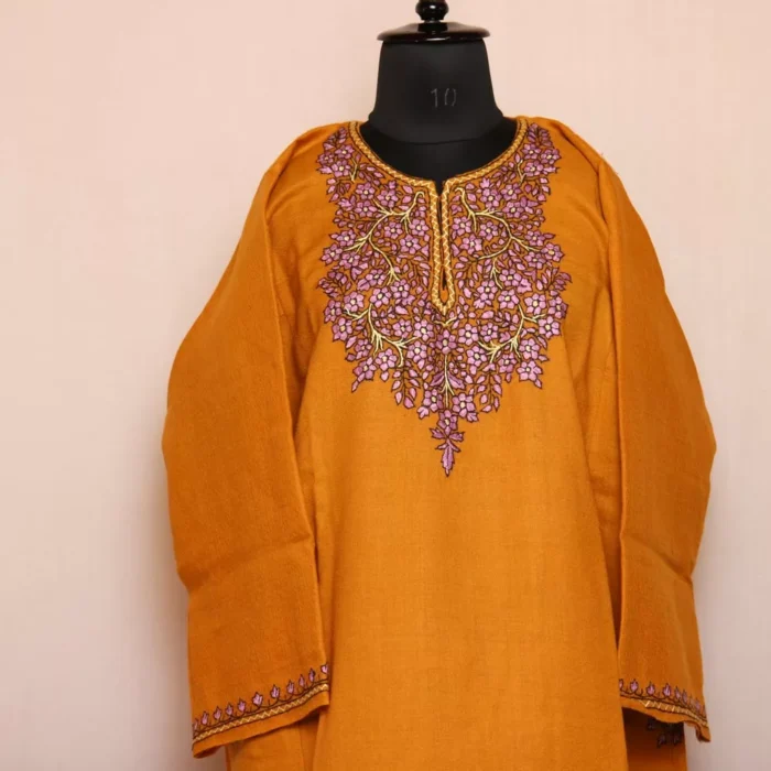 Mustard Paper Mache Sozni Pheran for Women | Latest Pure Wool Phiran