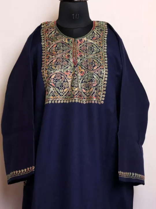 Navy Blue Sozni Handwork Pheran for Women | Pure Wool Thread Work Phiran