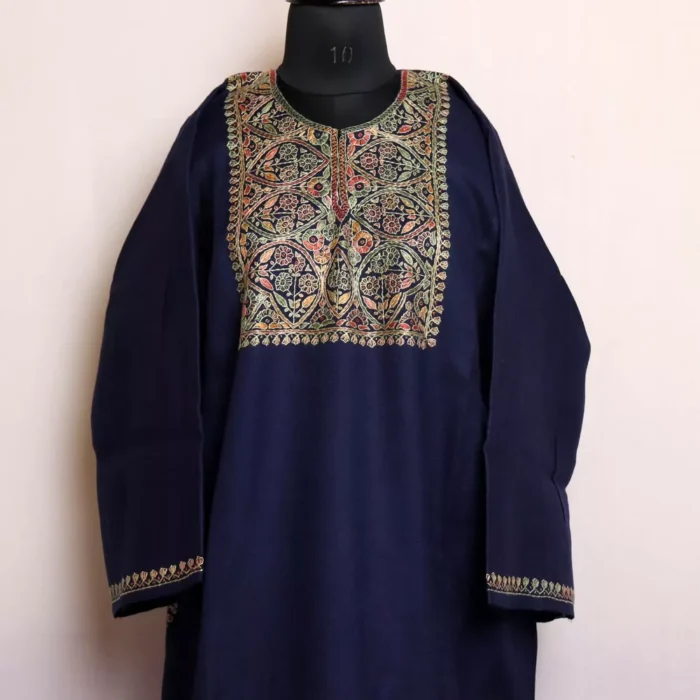 Navy Blue Sozni Handwork Pheran for Women | Pure Wool Thread Work Phiran