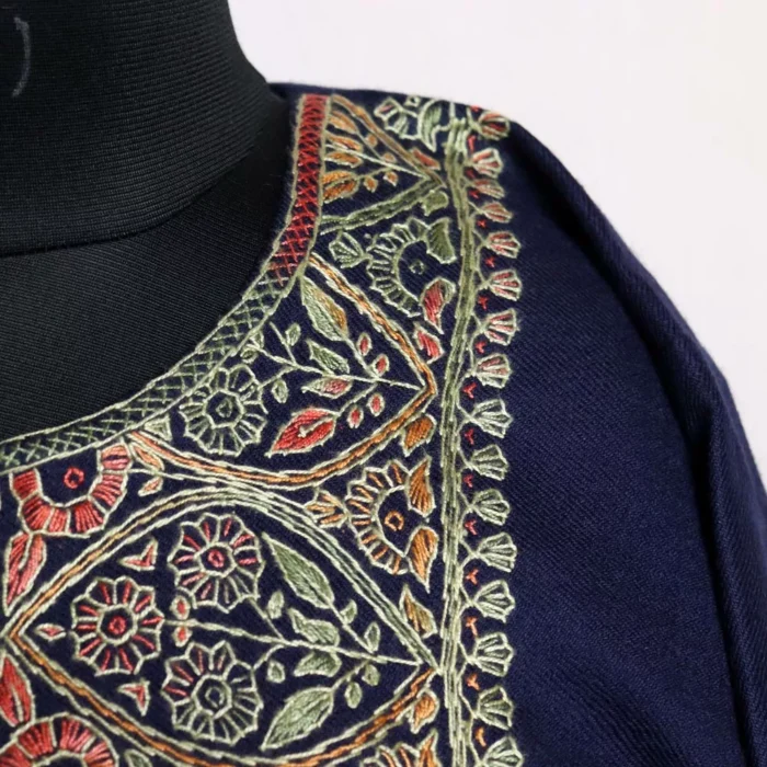 Navy Blue Sozni Handwork Pheran for Women | Pure Wool Thread Work Phiran - Image 3