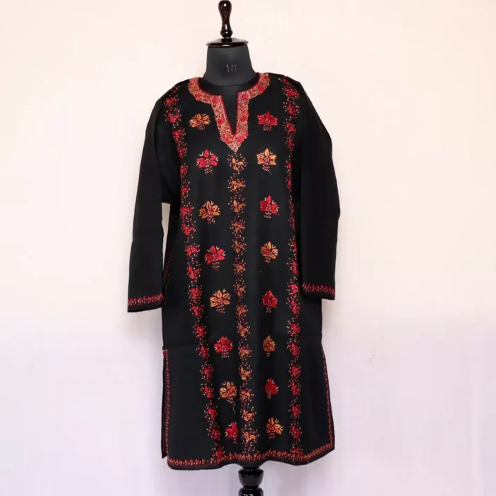 Shahnaz Designer Pheran- Black Pure Wool With Kashmiri Sozni Needle Work - Image 2