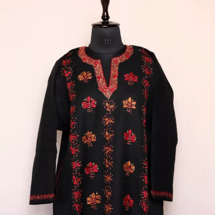Shahnaz Designer Pheran- Black Pure Wool With Kashmiri Sozni Needle Work