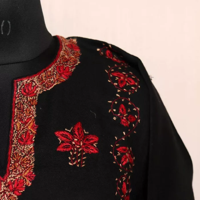 Shahnaz Designer Pheran- Black Pure Wool With Kashmiri Sozni Needle Work - Image 3