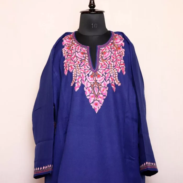 Navy Blue Paper Mache Sozni Pheran for Women | Latest Pure Wool Phiran