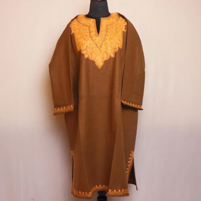 Dilnaz Bronze Kashmiri Aari Embroidered Tweed Winter Feran for Women