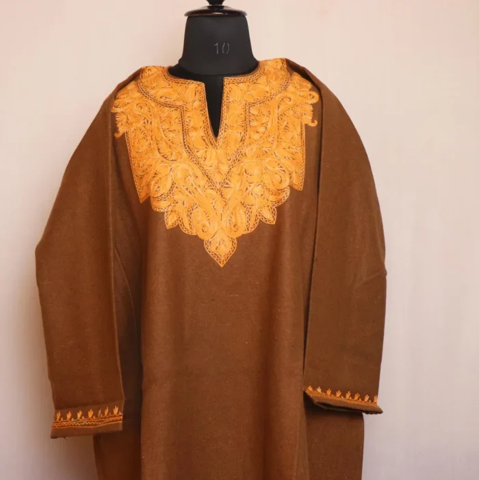 Dilnaz Bronze Kashmiri Aari Embroidered Tweed Winter Feran for Women - Image 2