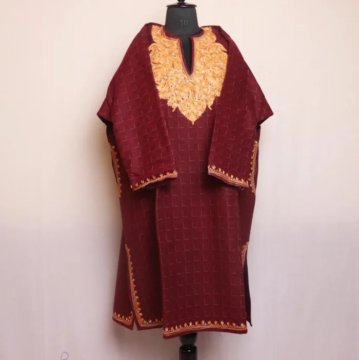 Jameela Maroon Kashmiri Tweed Aari Embroidered Stylish Pattu Pheran for Women