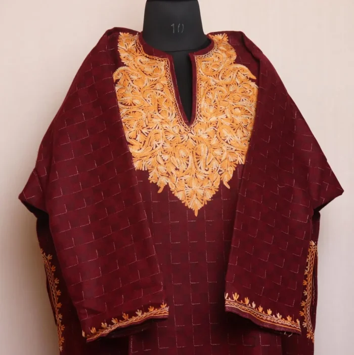 Jameela Maroon Kashmiri Tweed Aari Embroidered Stylish Pattu Pheran for Women - Image 2