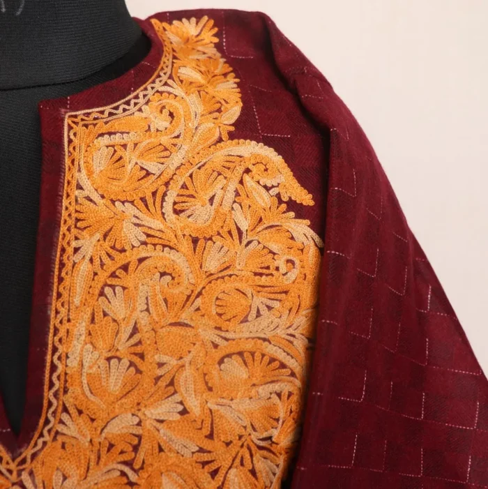 Jameela Maroon Kashmiri Tweed Aari Embroidered Stylish Pattu Pheran for Women - Image 3