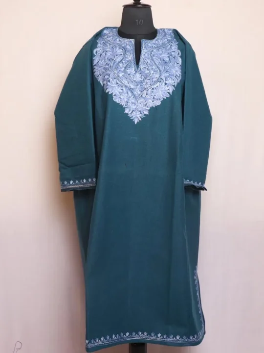 Kashmiri Dark Green Aari Embroidered Loose Tweed Patu Pheran for Winters (Chest 58)