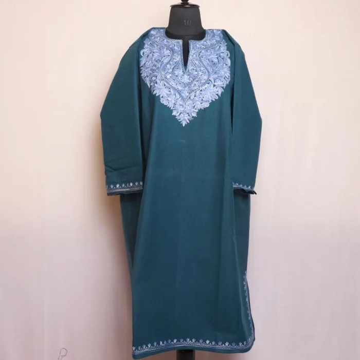 Kashmiri Dark Green Aari Embroidered Loose Tweed Patu Pheran for Winters (Chest 58)