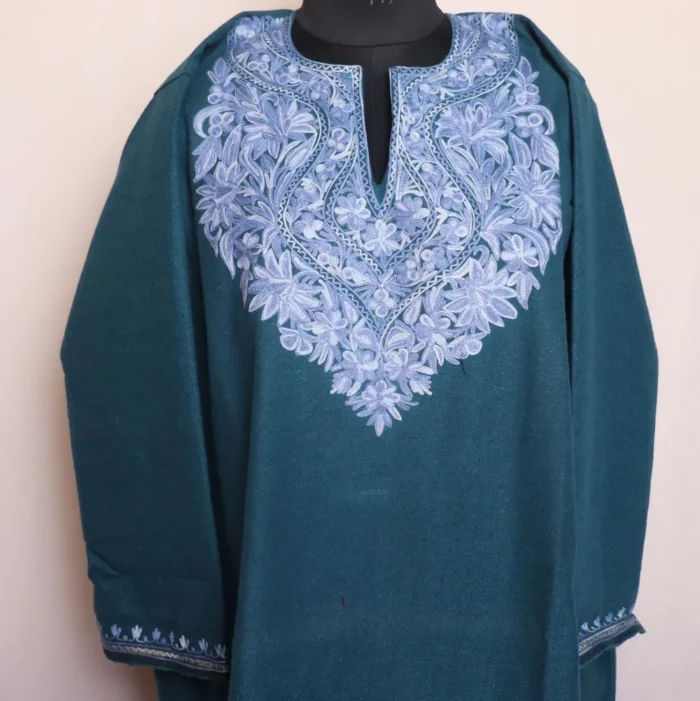 Kashmiri Dark Green Aari Embroidered Loose Tweed Patu Pheran for Winters (Chest 58) - Image 2