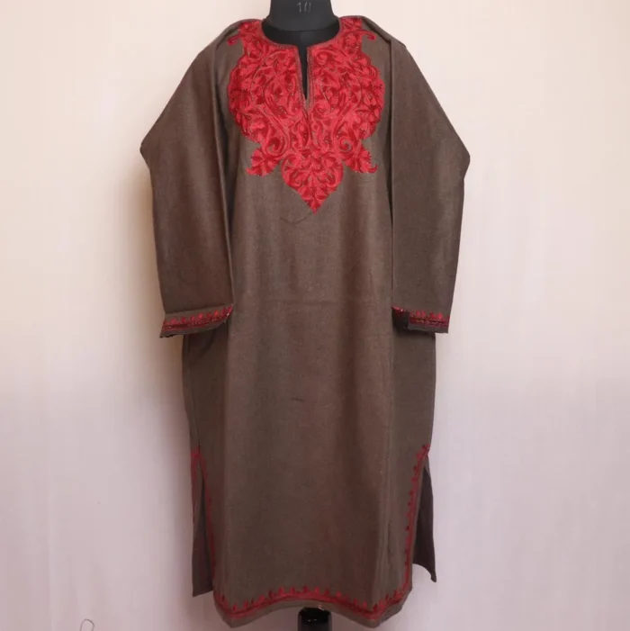 Fariha Bronze Aari Embroidered Tweed Pattu Kashmiri Pheran for Women