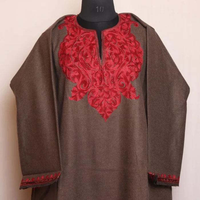 Fariha Bronze Aari Embroidered Tweed Pattu Kashmiri Pheran for Women - Image 2