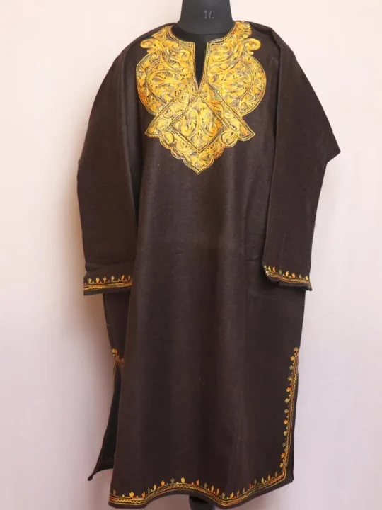 Nilofer Kashmiri Dark Brown Aari Embroidered Pattu Tweed Traditional Pheran