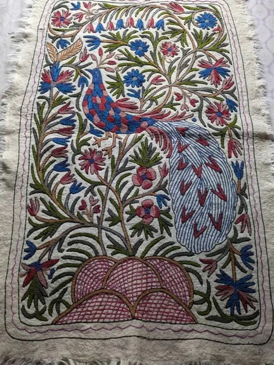 Large Hand Felted Wool Namda Rug Peacock Design, Pure Wool and Hand Embroidered 6x4 feet