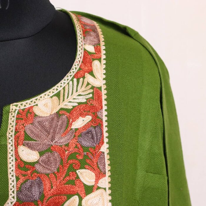 Green Kashmiri Cashmilon Pheran Sabzar with Aari Embroidered for Winter Wear - Image 3