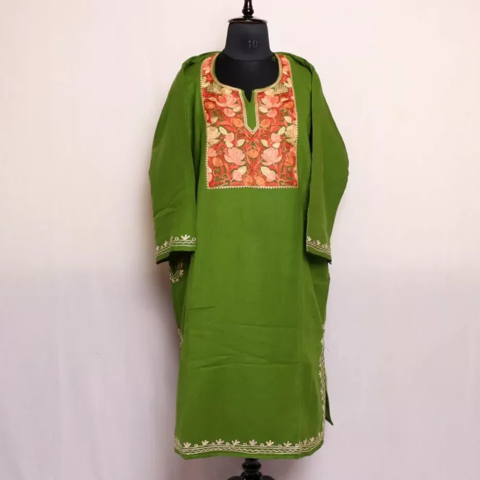 Green Cashmilon Kashmiri Sabzbagh Pheran with Elegent Embroidery