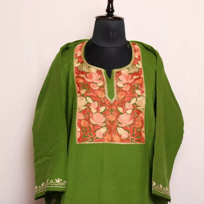 Green Cashmilon Kashmiri Sabzbagh Pheran with Elegent Embroidery - Image 2