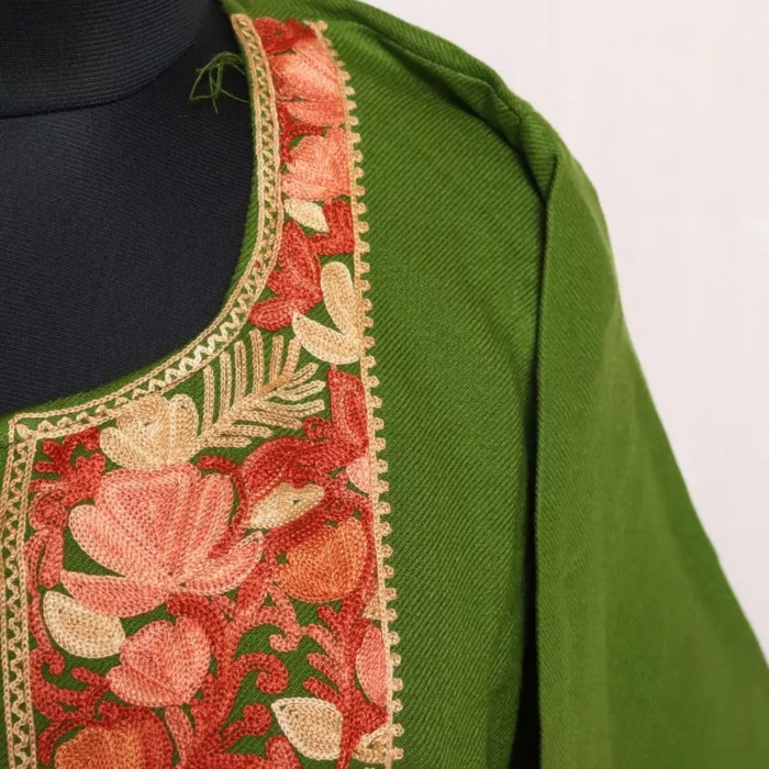 Green Cashmilon Kashmiri Sabzbagh Pheran with Elegent Embroidery - Image 3