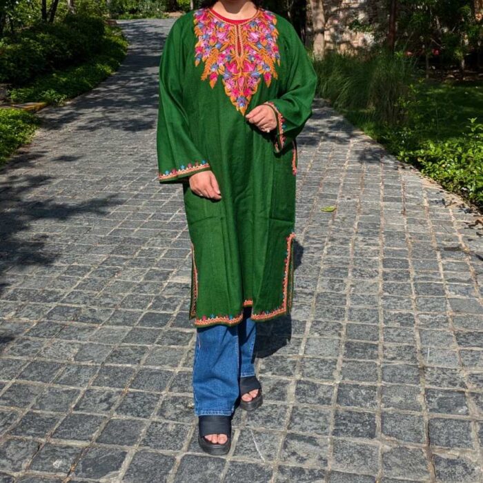 Green Raffal Pheran with Hand Aari -Tal