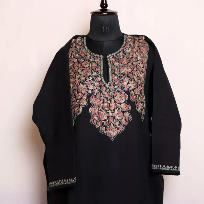 Shagufta Black Kashmiri Pheran in Pure Wool with Sozni Handwork