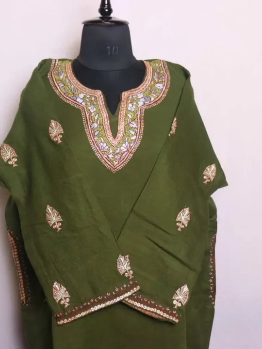 Shabnam Green Raffal Kashmiri Dress with Tilla and Hand Sozni Embroidery