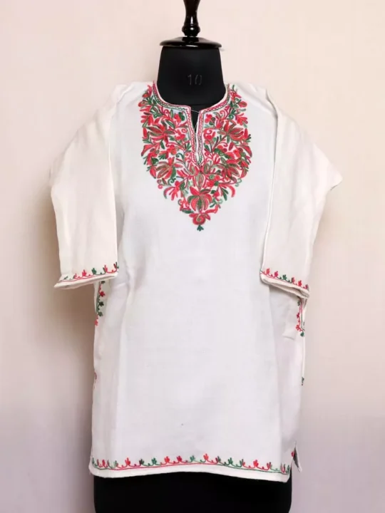 Kashmiri White Shine Girls Pheran With Aari Embroidery (6/7 Years)