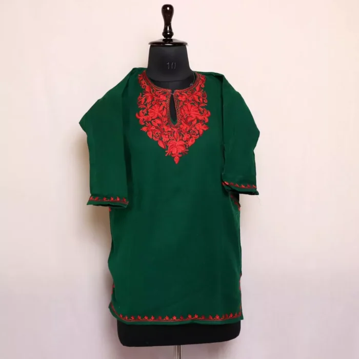 Dark Green Kashmiri Gulistan Girls Pheran With Aari Embroidery (L30, 7-8Y)