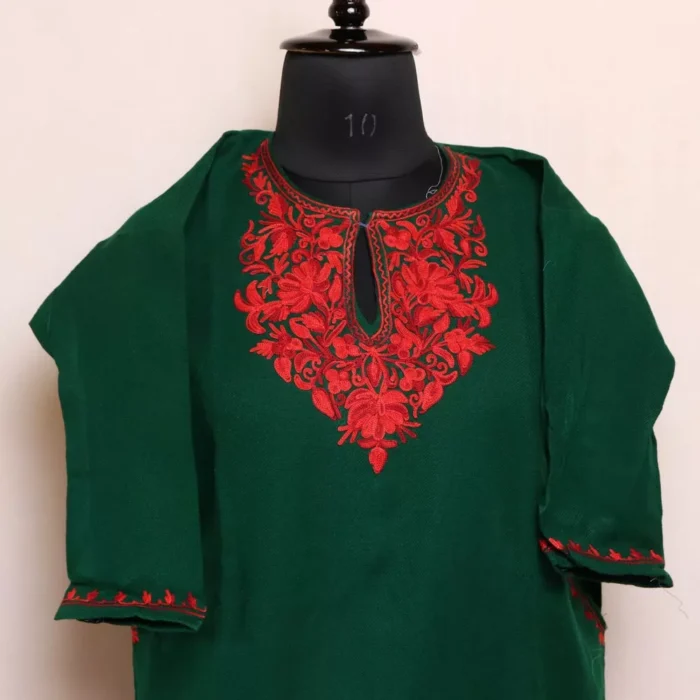 Dark Green Kashmiri Gulistan Girls Pheran With Aari Embroidery (L30, 7-8Y) - Image 2