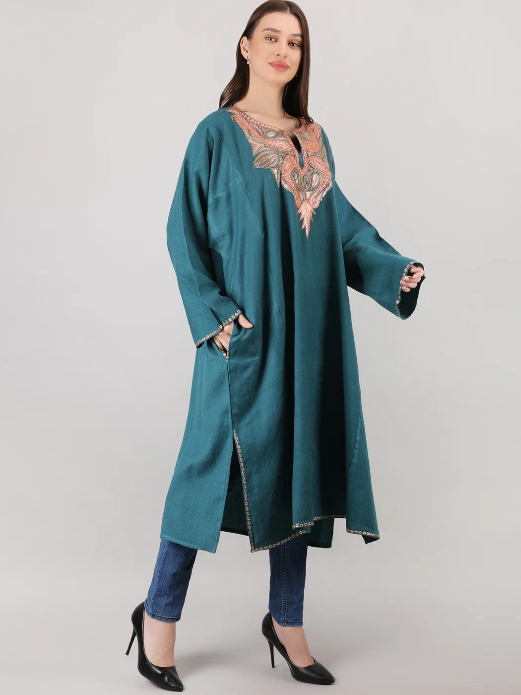Teal Blue Kashmiri Tilla Embroidered Raffal Pheran for Winter Wear - pashnoor - Image 2