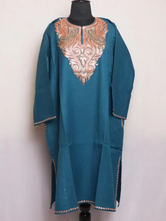 Sky Blue Kashmiri Tilla Embroidered Raffal Pheran for Winter Wear