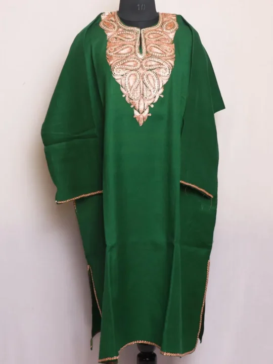 Shabnam Green Kashmiri Tilla Embroidered Raffal Pheran for Winter Wear