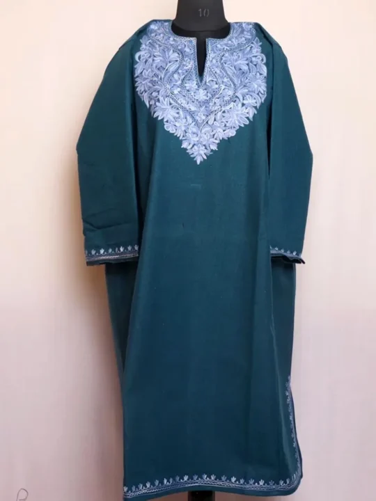 Kashmiri Dark Green Aari Embroidered Loose Tweed Patu Pheran for Winters (Chest 58)