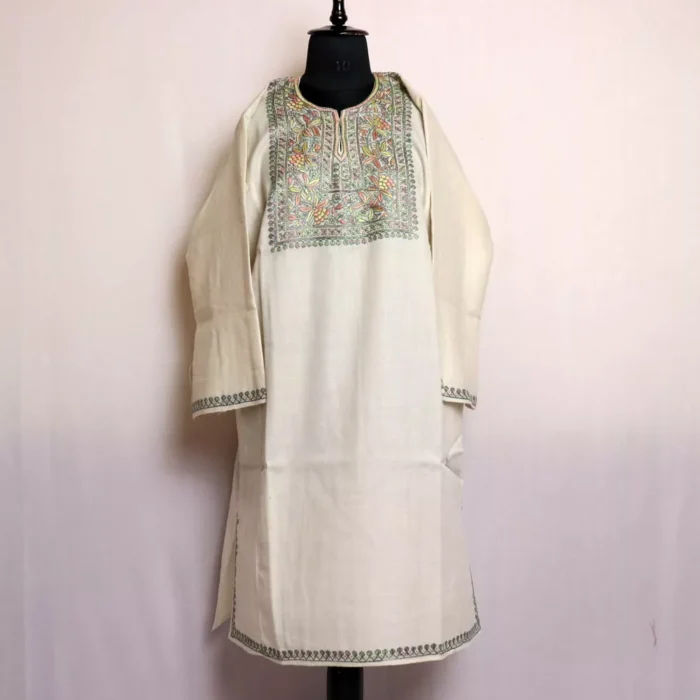 White Sozni Handwork Pheran for Women | Pure Wool Thread Work Phiran - Image 2