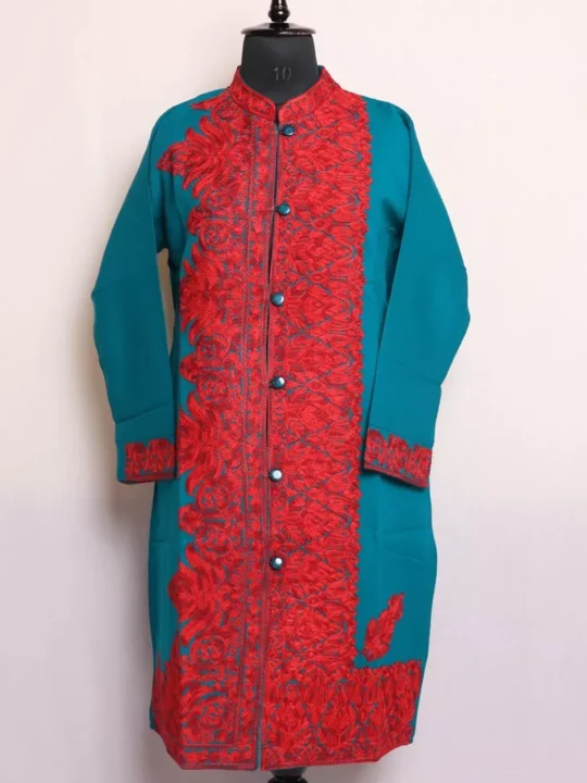Ferozi Blue Cashmilon Kashmiri Coat Harud Aari Work