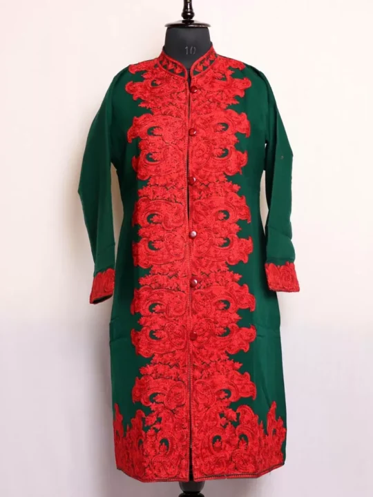 Sabzar Green Kashmiri Cashmilon Coat with Aari Work