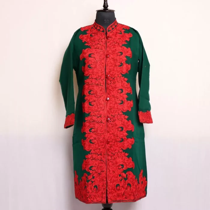 Sabzar Green Kashmiri Cashmilon Coat with Aari Work