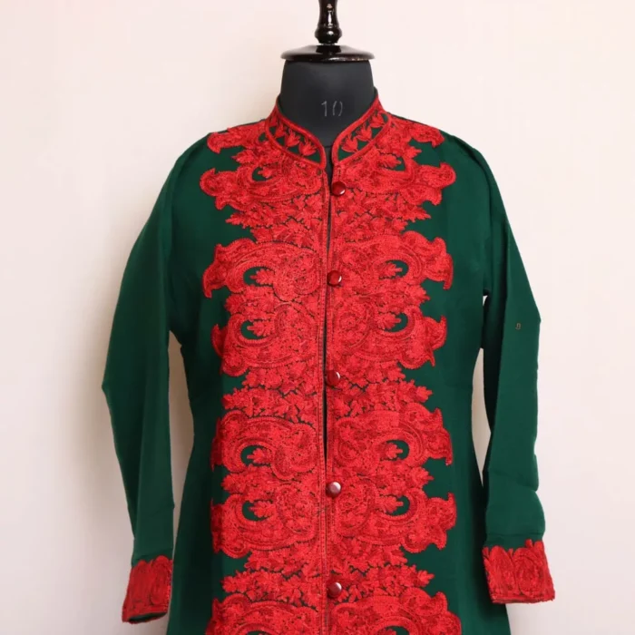 Sabzar Green Kashmiri Cashmilon Coat with Aari Work - Image 2