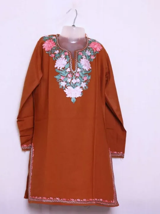Caramel Kashmiri Short Kurta Watan for Winter Wear (36/31.5)-Kashmiri Embroidered Kurta